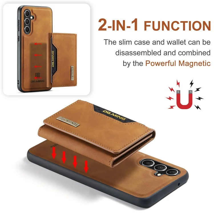 DG.MING M2 Series for Samsung Galaxy S23 FE Detachable Wallet Phone Case Kickstand Leather Coated TPU+PC Cover - Brown