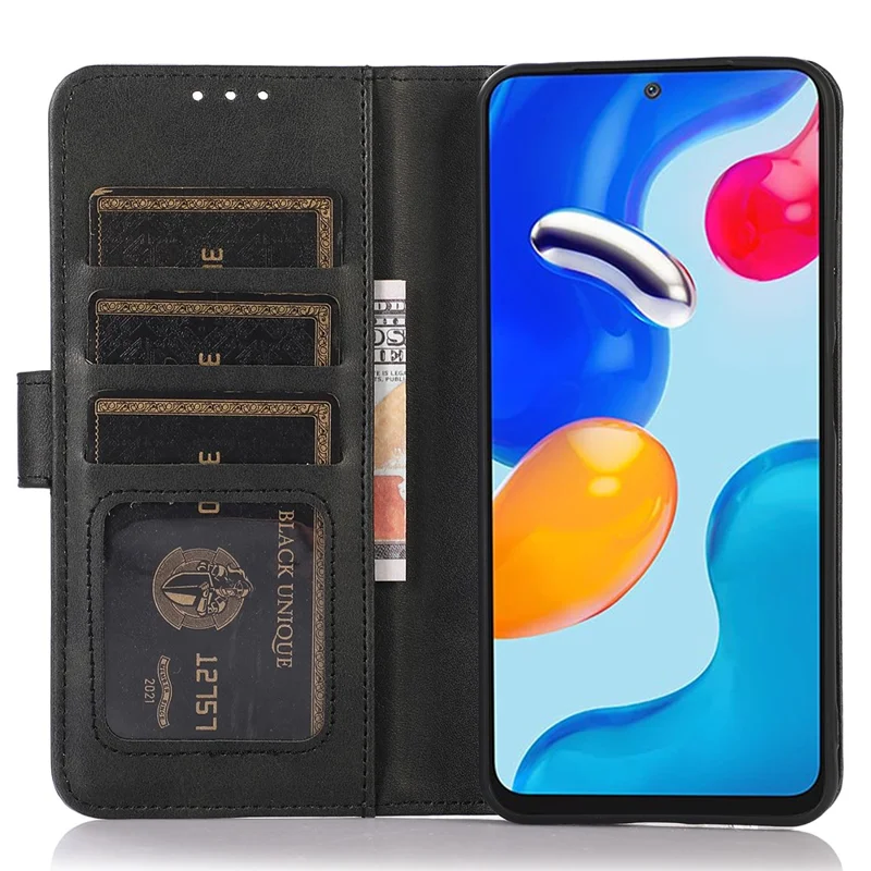 For Oppo A58 5G Cowhide Texture Phone Case Folio Flip Wallet Stand Leather Phone Cover - Black