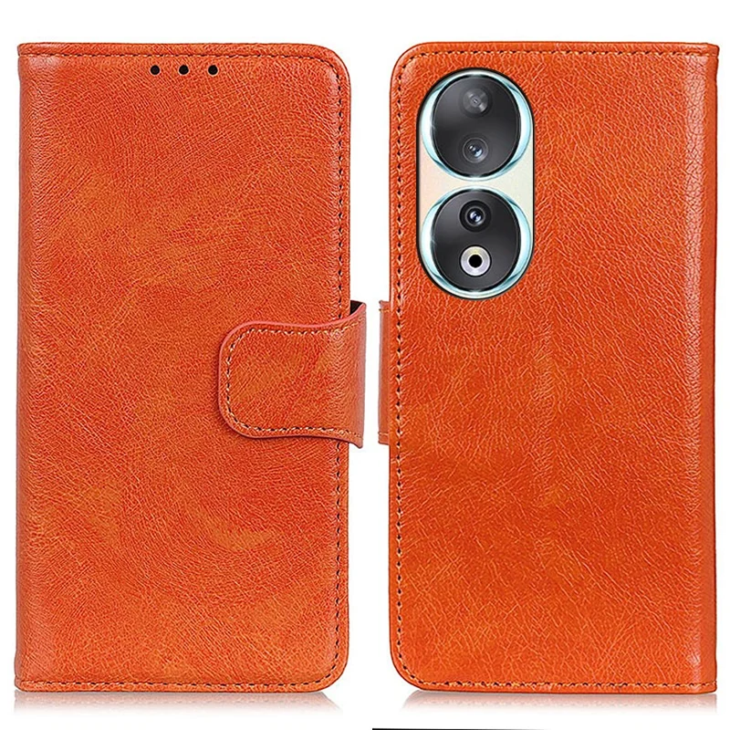 For Honor 90 Split Leather Wallet Stand Protective Case Nappa Texture Phone Cover - Orange