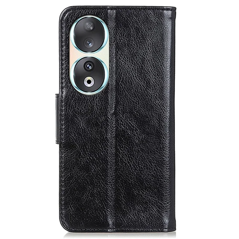 For Honor 90 Split Leather Wallet Stand Protective Case Nappa Texture Phone Cover - Black