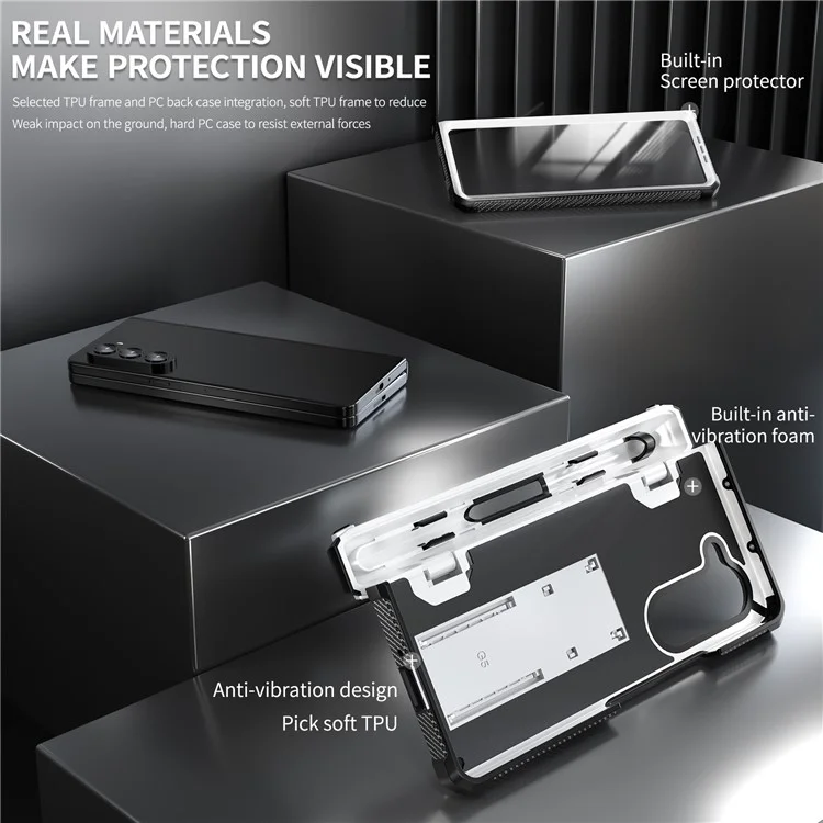 Для Samsung Galaxy Z Fold5 5G Rugged Series Series Kickstand Chase Case Anti-drop TPU+PC Hybrid Cover с Шарниром Для Ручки - Белый