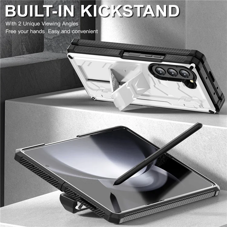 Для Samsung Galaxy Z Fold5 5G Rugged Series Series Kickstand Chase Case Anti-drop TPU+PC Hybrid Cover с Шарниром Для Ручки - Белый