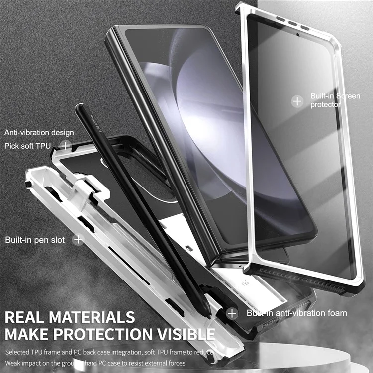 Для Samsung Galaxy Z Fold5 5G Rugged Series Series Kickstand Chase Case Anti-drop TPU+PC Hybrid Cover с Шарниром Для Ручки - Белый