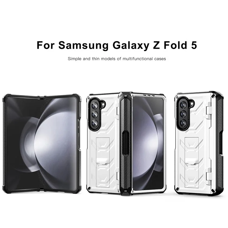 Для Samsung Galaxy Z Fold5 5G Rugged Series Series Kickstand Chase Case Anti-drop TPU+PC Hybrid Cover с Шарниром Для Ручки - Белый