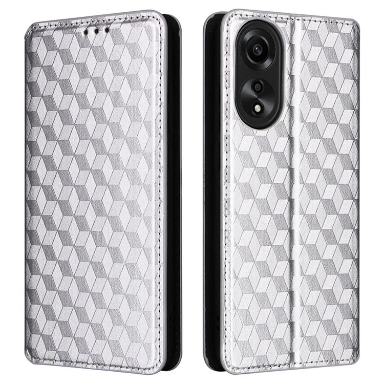 For Oppo A58 4G Rhombus Imprinted Wallet Phone Case Anti-drop PU Leather Stand Cover - Silver