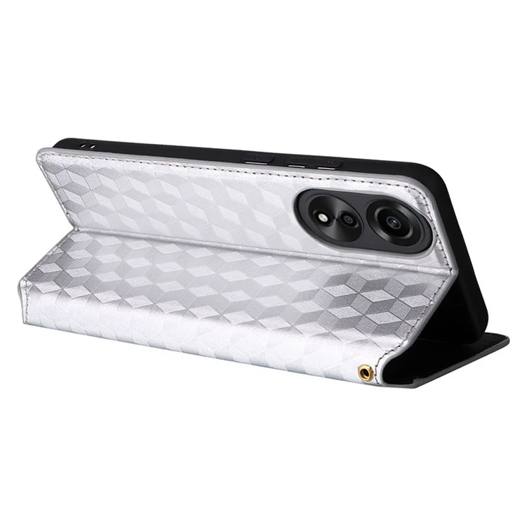For Oppo A58 4G Rhombus Imprinted Wallet Phone Case Anti-drop PU Leather Stand Cover - Silver