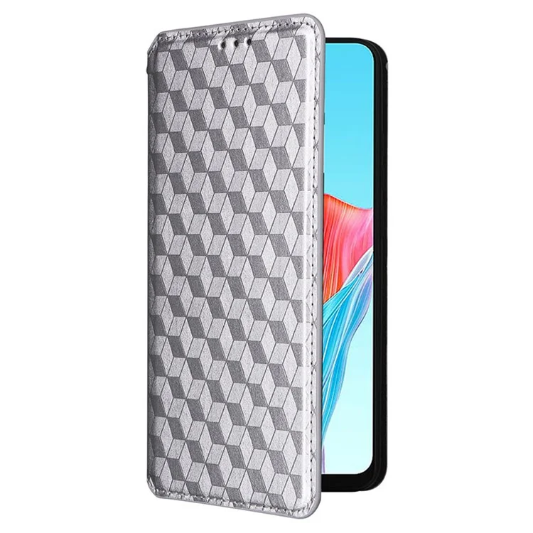 For Oppo A58 4G Rhombus Imprinted Wallet Phone Case Anti-drop PU Leather Stand Cover - Silver