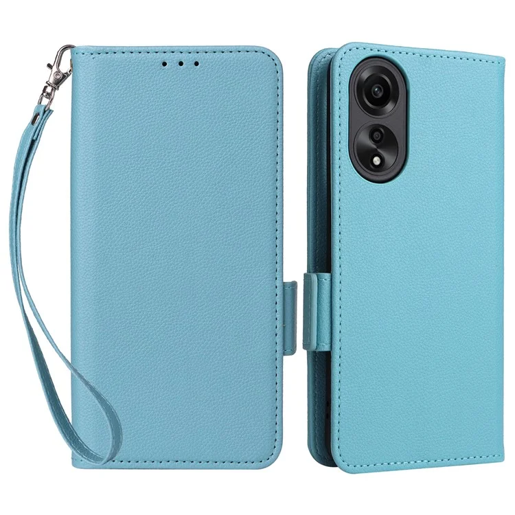 Pour Oppo A58 4G Litchi Texture Phone Case Leather Wallet Stand Cover with Strap - Baby Blue