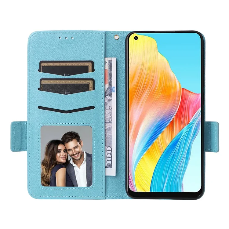 Pour Oppo A58 4G Litchi Texture Phone Case Leather Wallet Stand Cover with Strap - Baby Blue