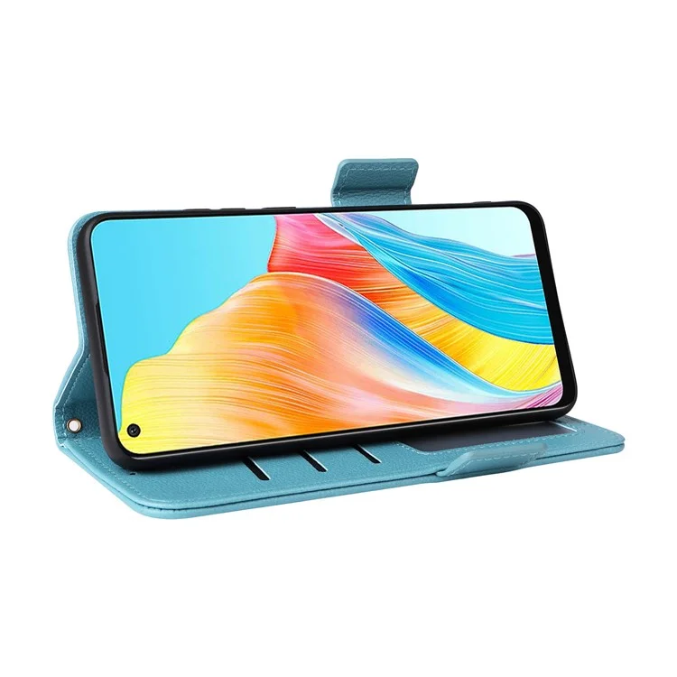 Pour Oppo A58 4G Litchi Texture Phone Case Leather Wallet Stand Cover with Strap - Baby Blue