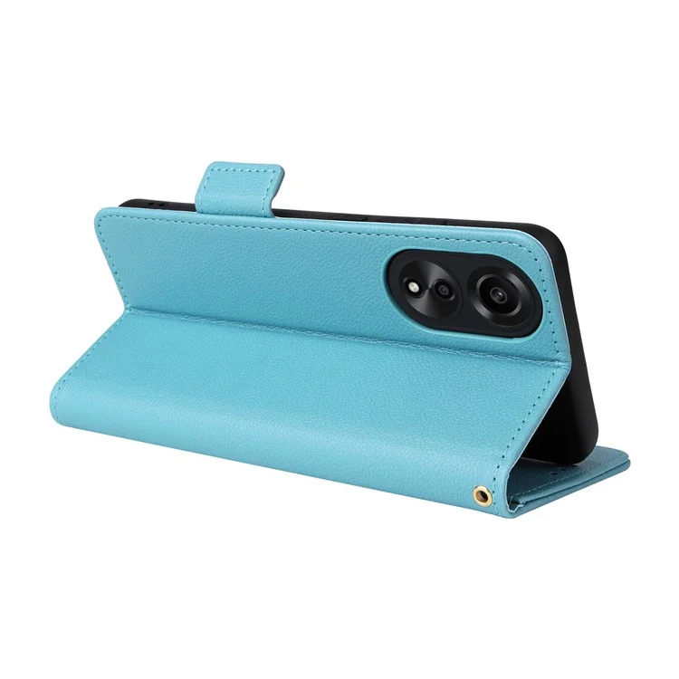 Pour Oppo A58 4G Litchi Texture Phone Case Leather Wallet Stand Cover with Strap - Baby Blue