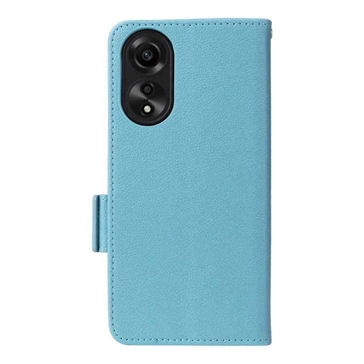 Pour Oppo A58 4G Litchi Texture Phone Case Leather Wallet Stand Cover with Strap - Baby Blue