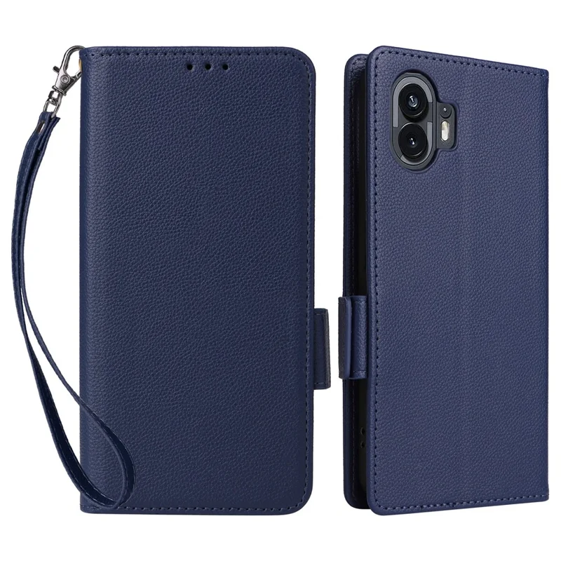 Wallet hoes van PU-leer met textuur van lychee voor Nothing Phone (2) met stand en bandje - Donkerblauw