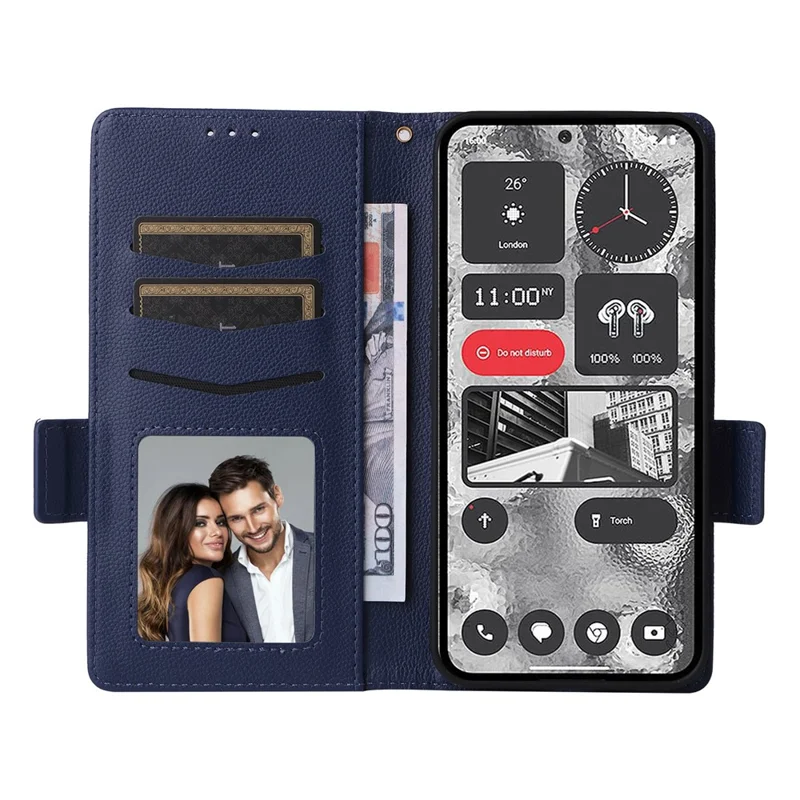Wallet hoes van PU-leer met textuur van lychee voor Nothing Phone (2) met stand en bandje - Donkerblauw