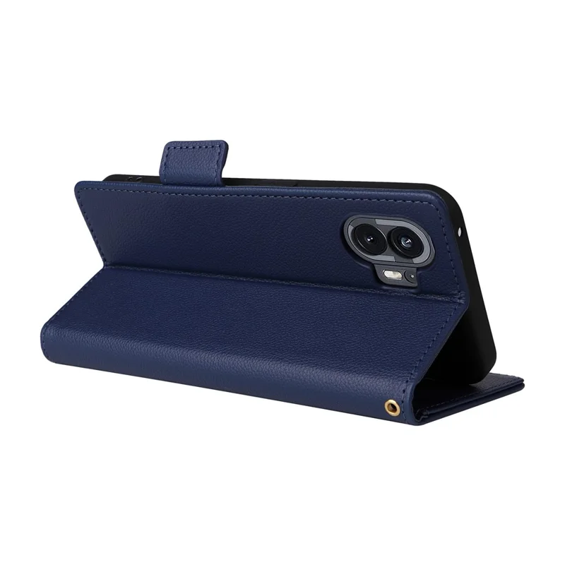 Wallet hoes van PU-leer met textuur van lychee voor Nothing Phone (2) met stand en bandje - Donkerblauw