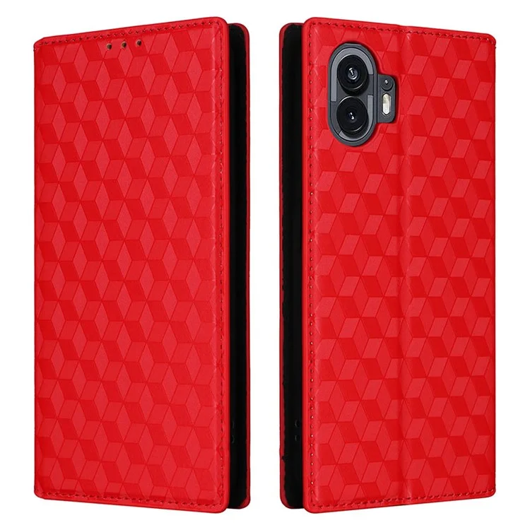 Pour Nothing Phone (2) Rhombus Imprinted Shockproof Cover PU Leather Wallet Stand Phone Case - Rouge