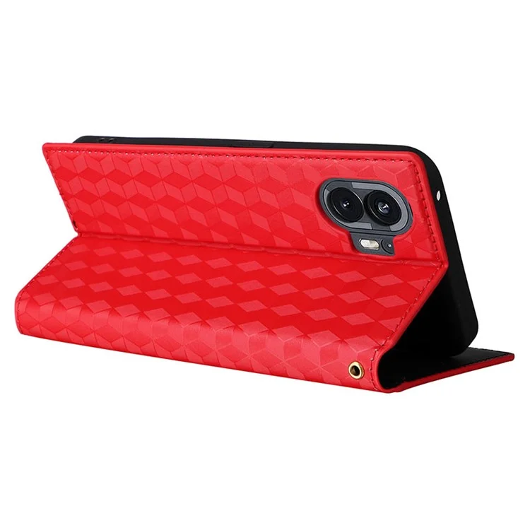 Pour Nothing Phone (2) Rhombus Imprinted Shockproof Cover PU Leather Wallet Stand Phone Case - Rouge
