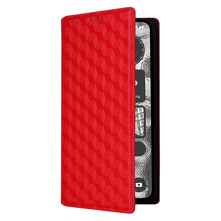 Pour Nothing Phone (2) Rhombus Imprinted Shockproof Cover PU Leather Wallet Stand Phone Case - Rouge