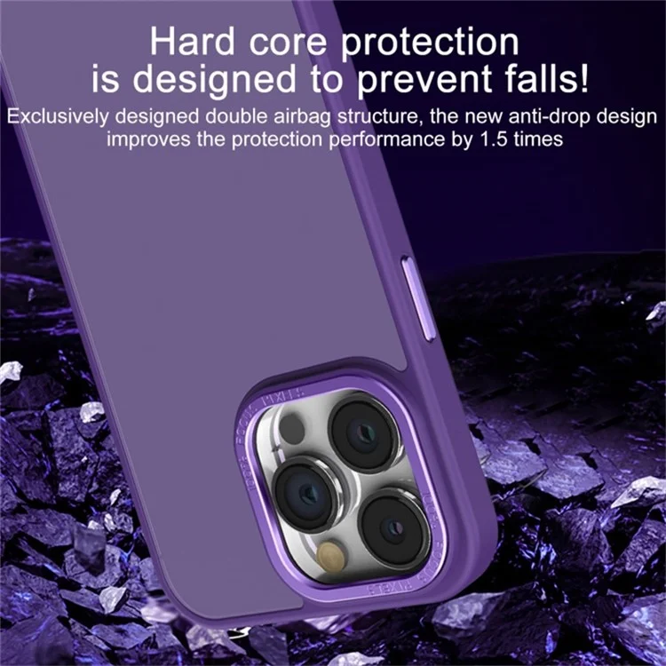 Skin-Touch Phone Case for iPhone 15 Shockproof Slim Hard PC+Soft TPU Phone Cover with Metal Lens Frame - Dark Purple