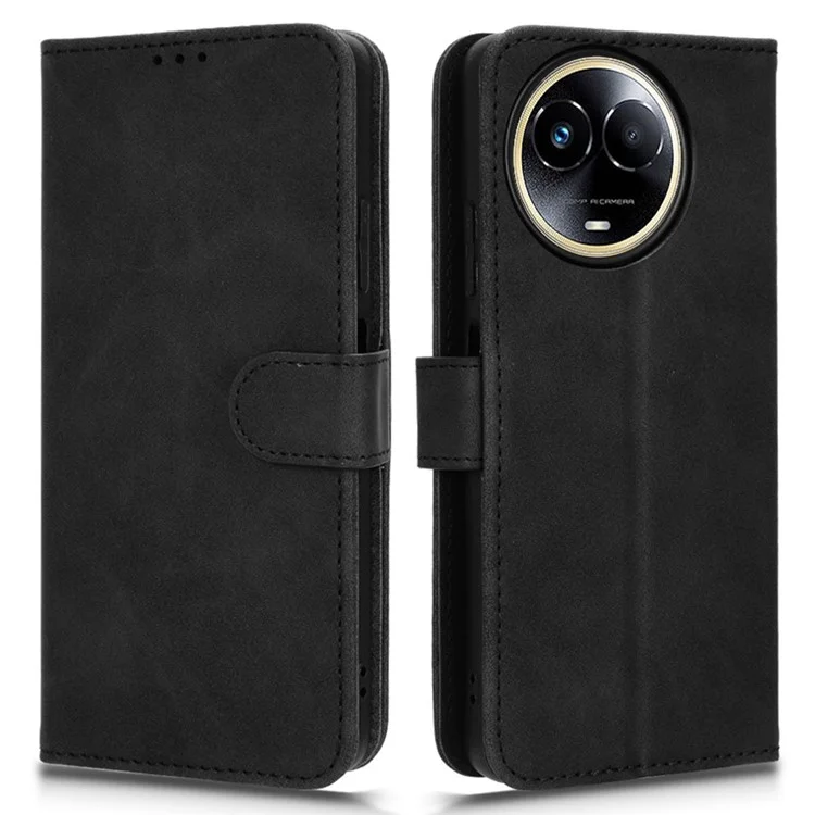 Para Realme 11x 5G / 11 5G (Global) Skin-touch Phone Case PU Leather Full Protection Wallet Stand Cover - Preto