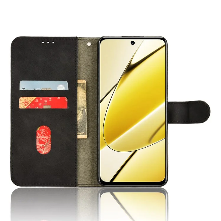 Para Realme 11x 5G / 11 5G (Global) Skin-touch Phone Case PU Leather Full Protection Wallet Stand Cover - Preto