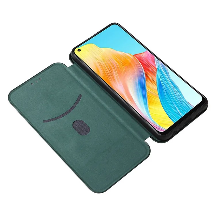 For Oppo A78 4G Card Slot Phone Case Carbon Fiber Texture PU Leather Stand Cover - Green