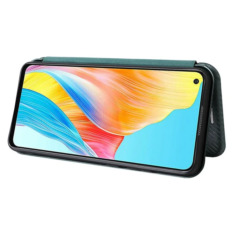 For Oppo A78 4G Card Slot Phone Case Carbon Fiber Texture PU Leather Stand Cover - Green