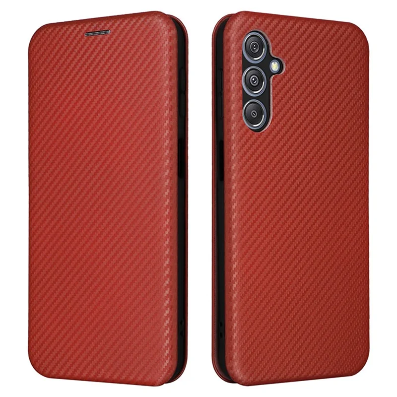 För Samsung Galaxy F34 5G / M34 5G Skinnförvaringslåda i PU-läder med kolfiberstruktur, kortficka, ställfunktion - Brun