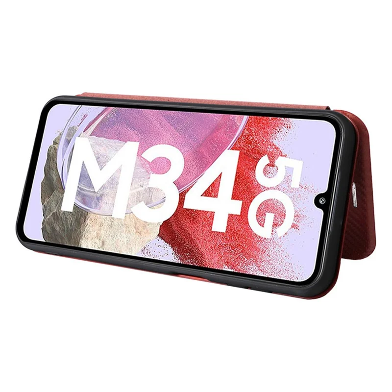För Samsung Galaxy F34 5G / M34 5G Skinnförvaringslåda i PU-läder med kolfiberstruktur, kortficka, ställfunktion - Brun