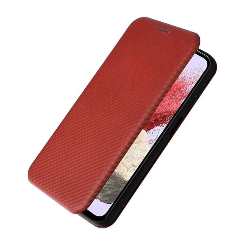 För Samsung Galaxy F34 5G / M34 5G Skinnförvaringslåda i PU-läder med kolfiberstruktur, kortficka, ställfunktion - Brun