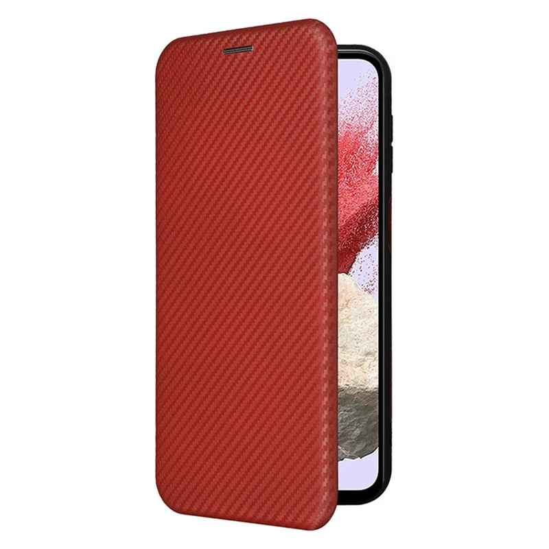 För Samsung Galaxy F34 5G / M34 5G Skinnförvaringslåda i PU-läder med kolfiberstruktur, kortficka, ställfunktion - Brun