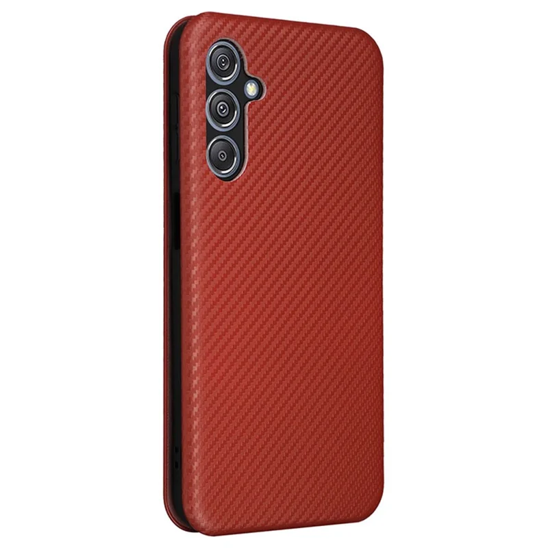 För Samsung Galaxy F34 5G / M34 5G Skinnförvaringslåda i PU-läder med kolfiberstruktur, kortficka, ställfunktion - Brun