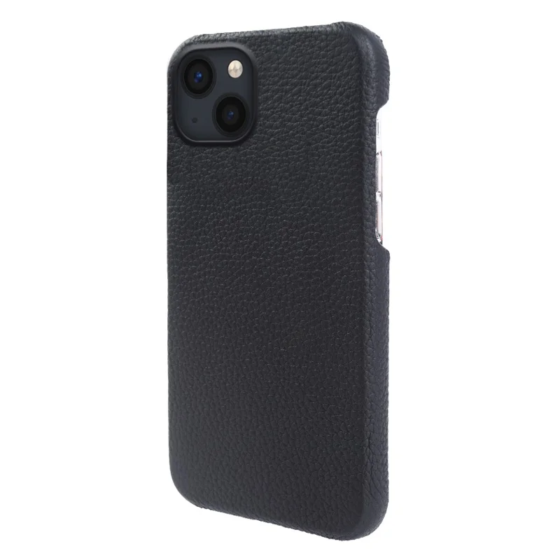 For iPhone 14 Back Cover Genuine Cow Leather+PC Phone Guard Case Compatible with MagSafe - Black