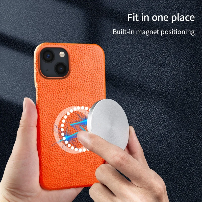 For iPhone 14 Back Cover Genuine Cow Leather+PC Phone Guard Case Compatible with MagSafe - Black