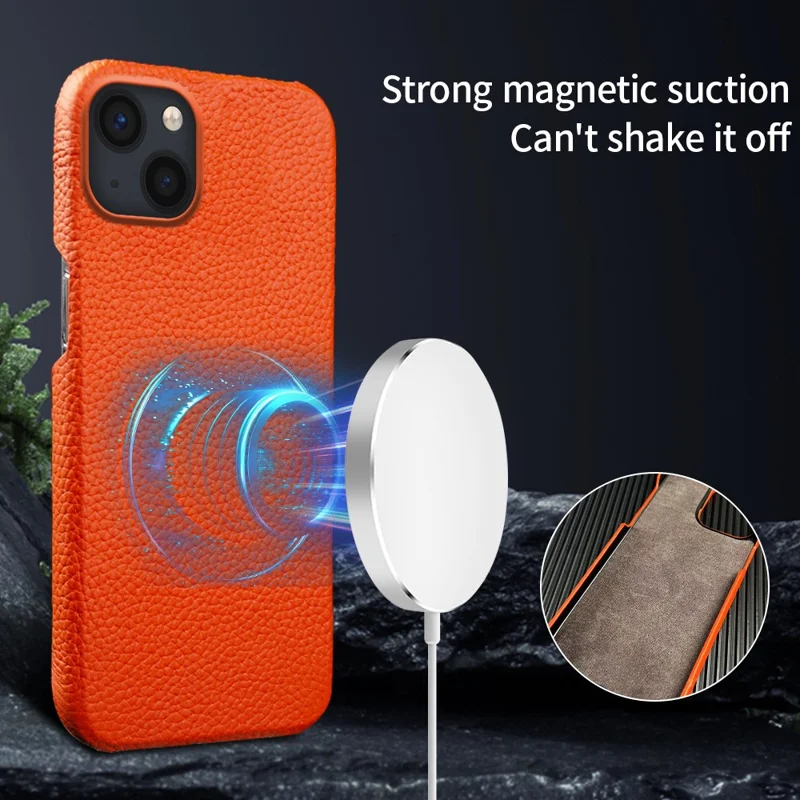 For iPhone 14 Back Cover Genuine Cow Leather+PC Phone Guard Case Compatible with MagSafe - Black