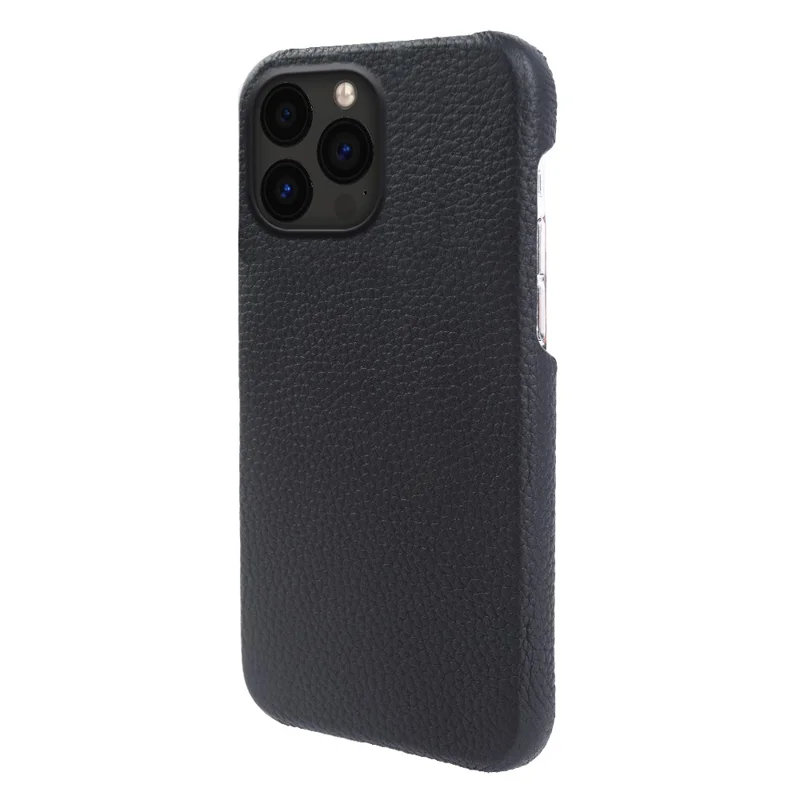 For iPhone 14 Pro Max Incomplete Cover Microfiber Lining Magnetic Phone Case Genuine Cow Leather Coated PC Shell - Black