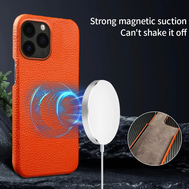 For iPhone 14 Pro Max Incomplete Cover Microfiber Lining Magnetic Phone Case Genuine Cow Leather Coated PC Shell - Black