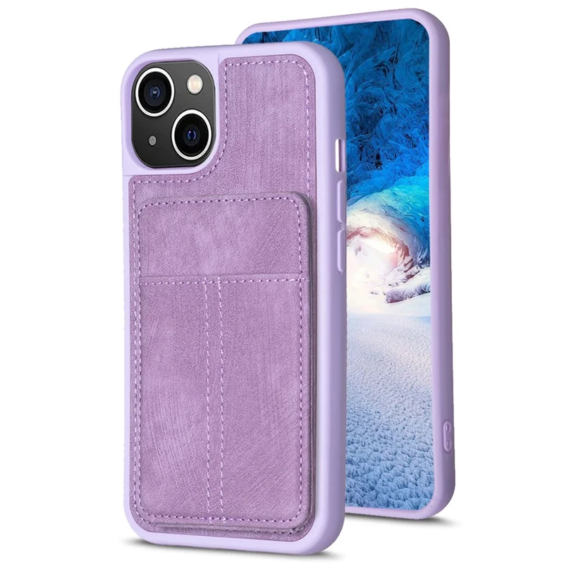 BF28 For iPhone 15 Kickstand Case Matte PU Leather Coated TPU Phone Cover with Card Holder - Purple