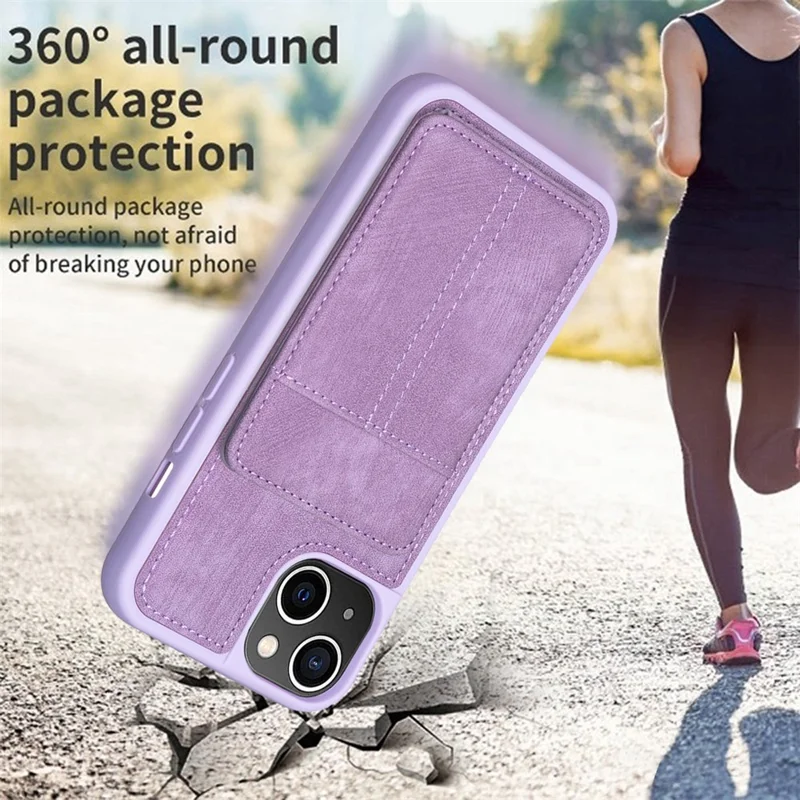 BF28 For iPhone 15 Kickstand Case Matte PU Leather Coated TPU Phone Cover with Card Holder - Purple