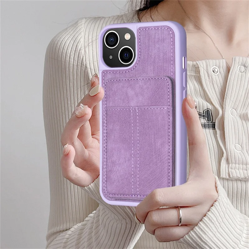 BF28 For iPhone 15 Kickstand Case Matte PU Leather Coated TPU Phone Cover with Card Holder - Purple