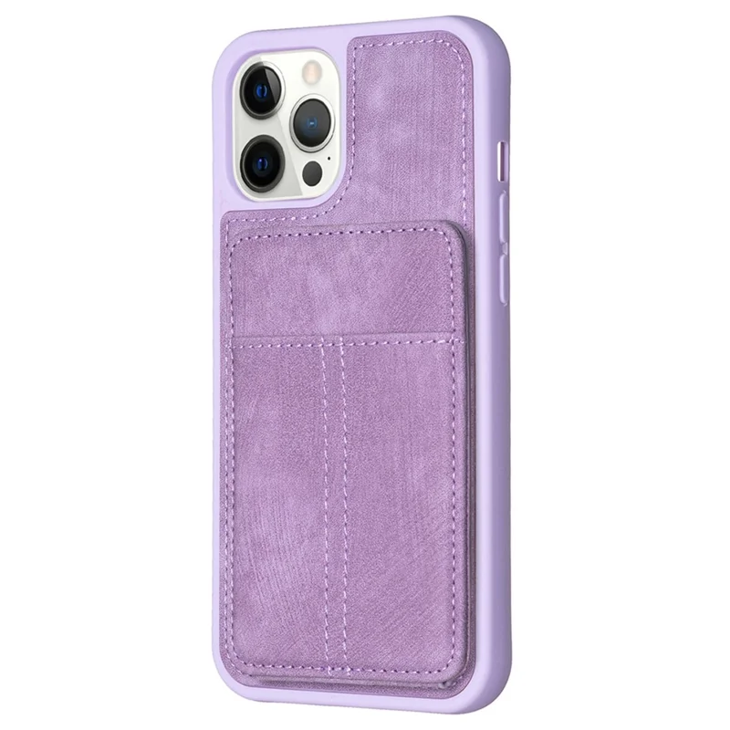 BF28 Kickstand Case for iPhone 15 Pro Max , Matte PU Leather Coated TPU Phone Back Protector Cover with Card Holder - Purple