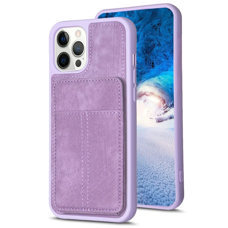 BF28 Kickstand Case for iPhone 15 Pro Max , Matte PU Leather Coated TPU Phone Back Protector Cover with Card Holder - Purple