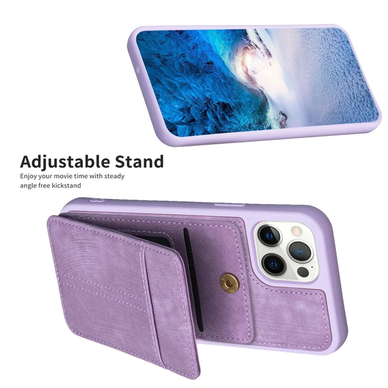 BF28 Kickstand Case for iPhone 15 Pro Max , Matte PU Leather Coated TPU Phone Back Protector Cover with Card Holder - Purple