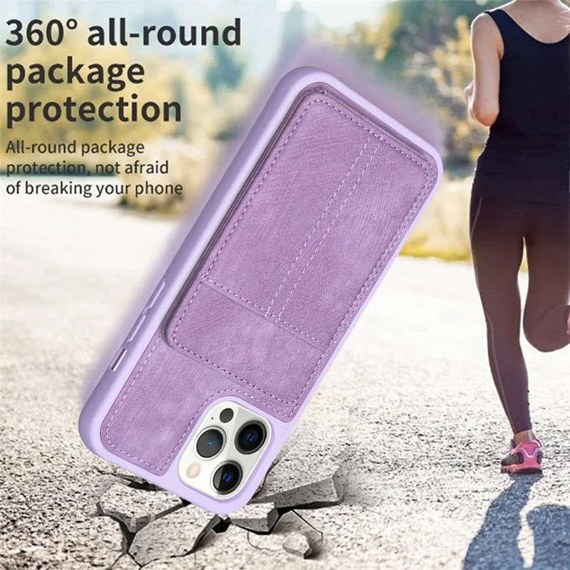 BF28 Kickstand Case for iPhone 15 Pro Max , Matte PU Leather Coated TPU Phone Back Protector Cover with Card Holder - Purple