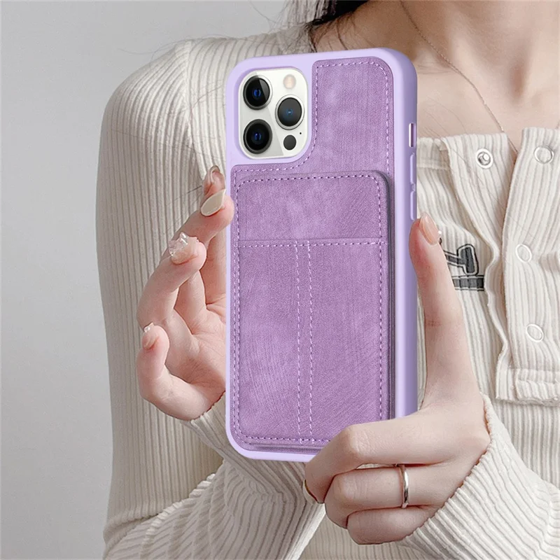 BF28 Kickstand Case for iPhone 15 Pro Max , Matte PU Leather Coated TPU Phone Back Protector Cover with Card Holder - Purple