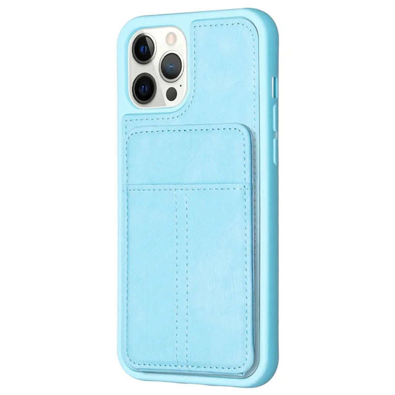 BF28 Kickstand Case для iPhone 15 Pro Max, матовое PU кожаное покрытие TPU защитная крышка для телефона с держателем для карт - синий