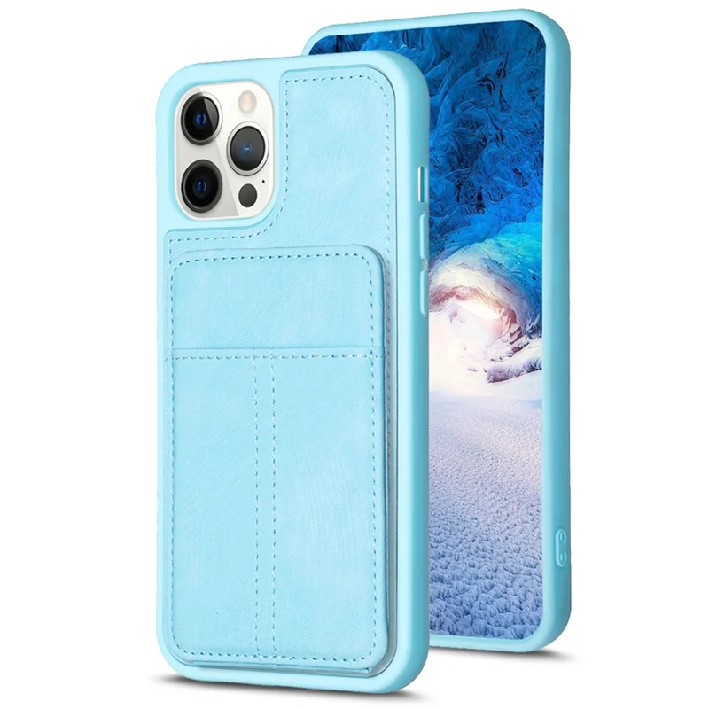 BF28 Kickstand Case для iPhone 15 Pro Max, матовое PU кожаное покрытие TPU защитная крышка для телефона с держателем для карт - синий