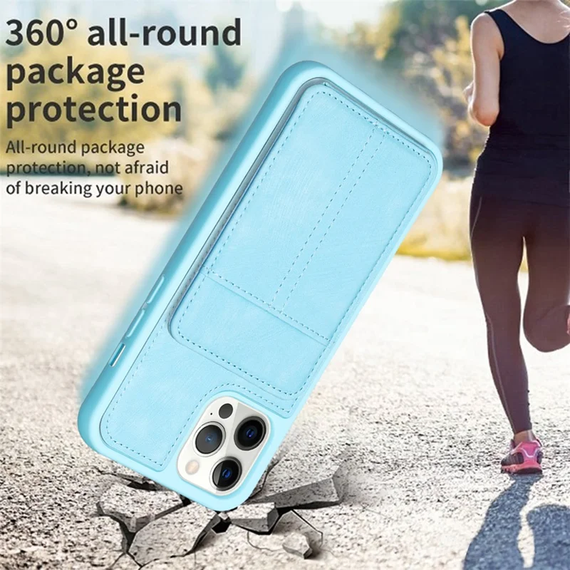 BF28 Kickstand Case для iPhone 15 Pro Max, матовое PU кожаное покрытие TPU защитная крышка для телефона с держателем для карт - синий