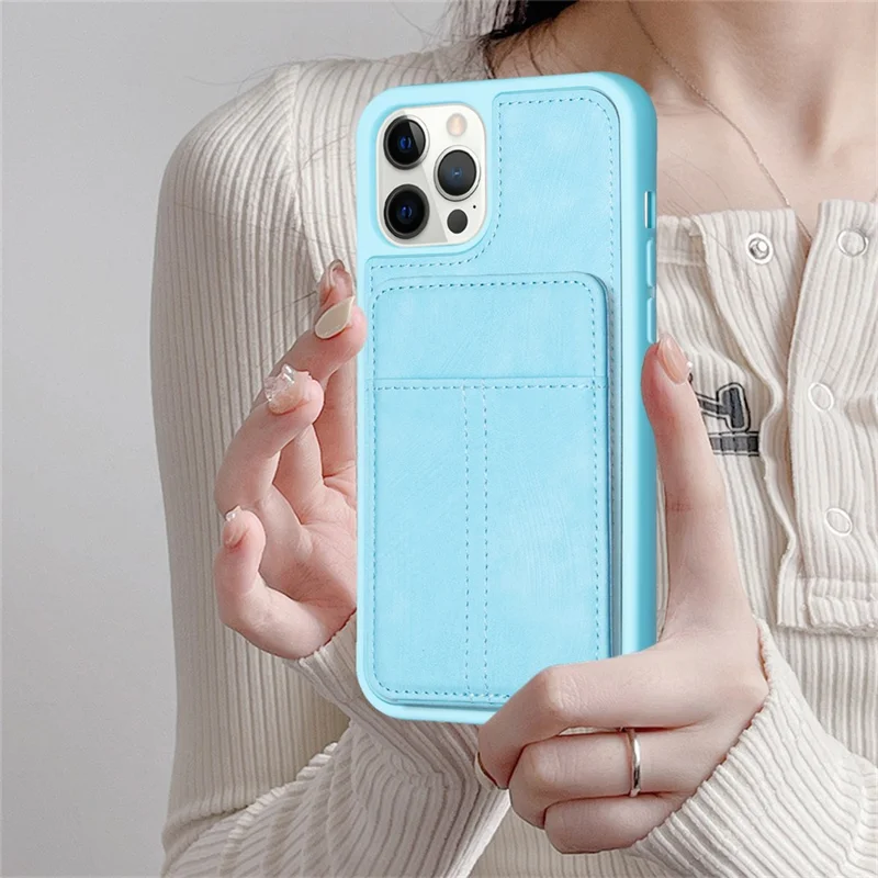 BF28 Kickstand Case для iPhone 15 Pro Max, матовое PU кожаное покрытие TPU защитная крышка для телефона с держателем для карт - синий