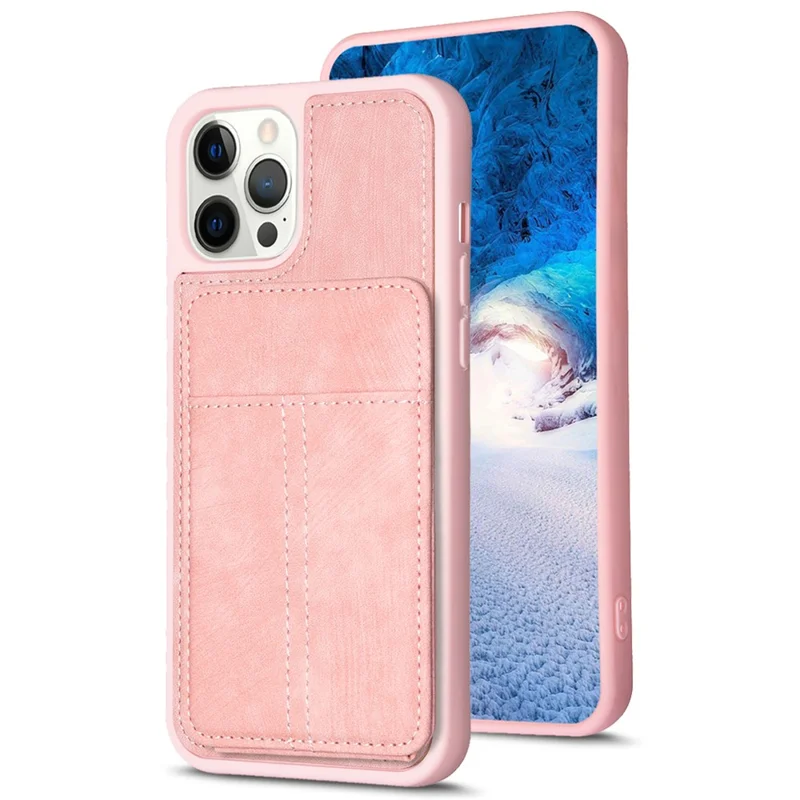 BF28 Kickstand Case for iPhone 15 Pro Max , Matte PU Leather Coated TPU Phone Back Protector Cover with Card Holder - Pink